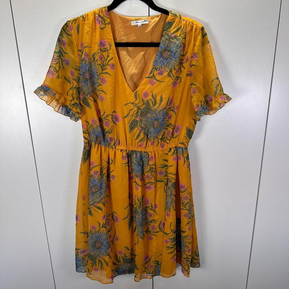Madewell Floral Mini Dress Women's Size 10 Short Sleeve V‎ Neck Gold/Yellow